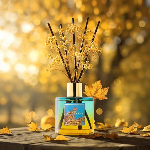 Cocorrína Reed Diffuser - Golden Leaves Set with 8 Sticks & Preserved Baby's Breath | Home Decor