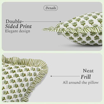 CPC Block Print Ruffle Throw Covers - Emerald Green 20"x20" | 100% Cotton Decorative Pillows for Living Room & Bedroom