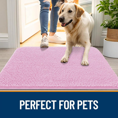 OLANLY Dog Door Mat - Absorbent Non-Slip Washable Doormat for Muddy Paws | 40x32 Pink Chenille Mat