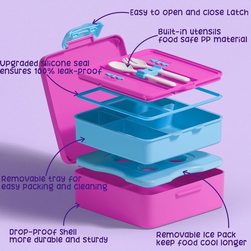 Fimibuke Bento Box - Leak-Proof Lunch Container with Ice Pack | BPA-Free, 4 Compartments, Dishwasher Safe