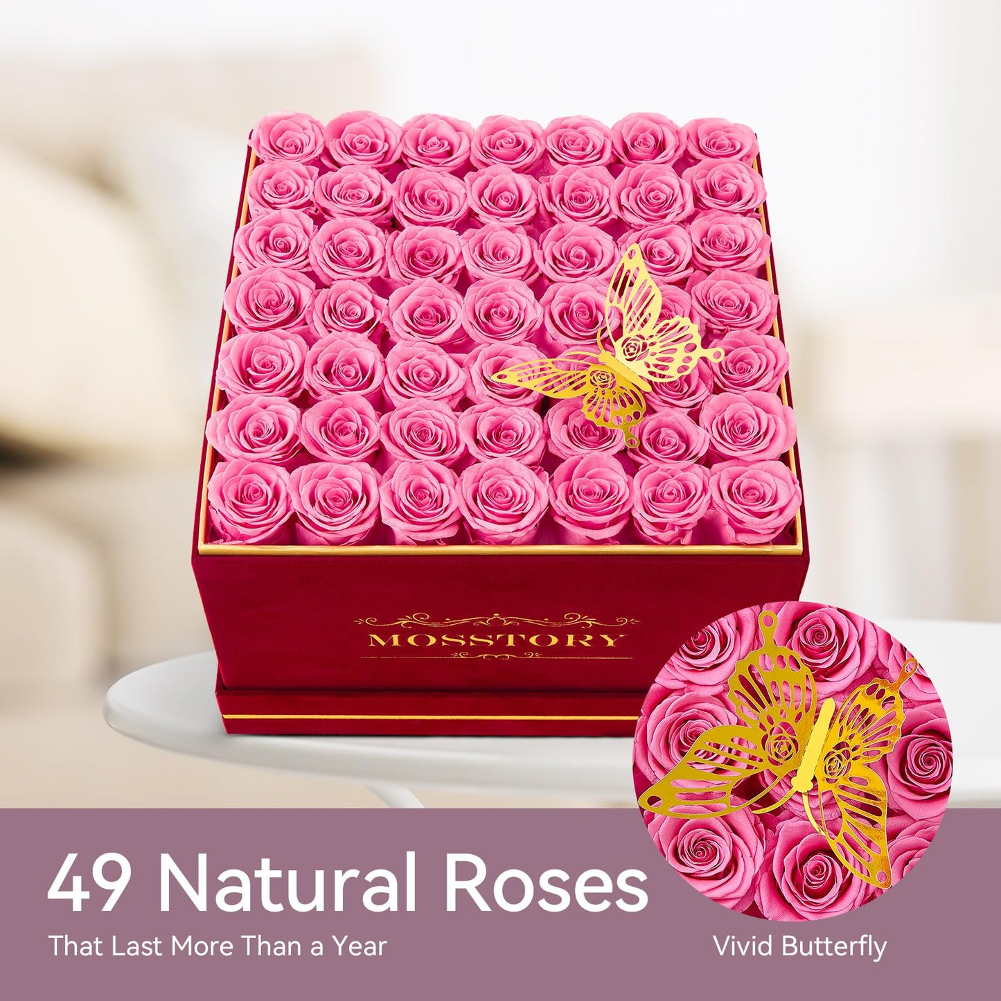 Mosstory Preserved Roses in a Box 49-Piece Forever Flowers Gifts for Women Wife Mother Day Christmas Anniversary (Pink Roses, Square Burgundy Suede Box)