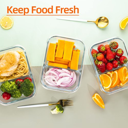 CZUMJJ Glass Meal Prep Containers 2 Compartment with Lids (5 Pack, 34oz), Divided Glass Storage Containers for Lunch at Work, Leak-Proof Portion Control Food Containers, Microwave/Dishwasher Safe