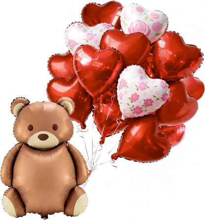 PartyWoo Valentine's Balloons - 15pcs Foil Bear & Red Heart Balloons | 24" & 18" for Romantic Celebrations