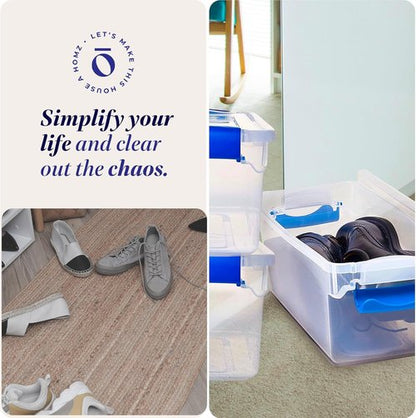 HOMZ Clear Plastic Storage Bins - 5-Pack Latching Lid Organizers, 7.5 Quart, Blue Latch | Stackable for Home & Office