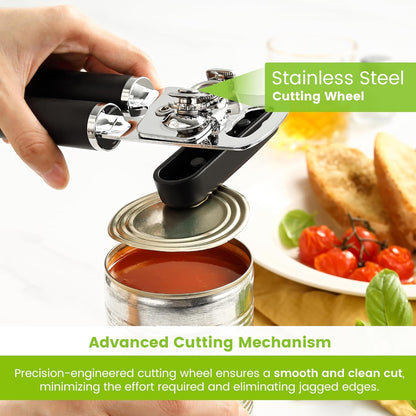 Spring Chef Stainless Steel Can Opener - Heavy Duty Manual Design with Soft Grip Handles - Black