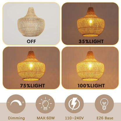 QianZhan Rattan Pendant Lights, 13.4" Hand-Woven Boho Lighting Fixture Wicker Weaving Chandelier Coastal Basket Hanging Ceiling Lamp for Kitchen Island Dining Room Restaurants Bedroom Hallway