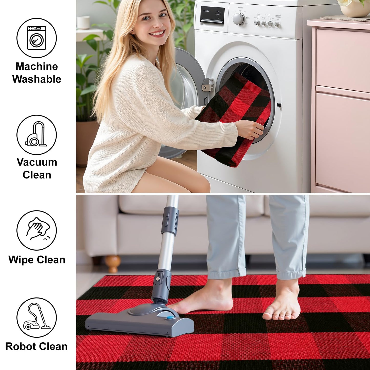 OLANLY Buffalo Plaid Rug 2'4" x 3'7" (27.5" x 43") – Red and Black Cotton Checkered Doormat, Washable Indoor Outdoor Rug for Layered Front Porch, Kitchen, Entryway Decor