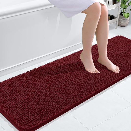 OLANLY Bathroom Runner Rugs - Soft Absorbent Chenille with Rubber Backing | 59x20 Inches, Burgundy