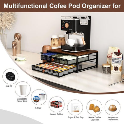 IZLIF Coffee Bar Organizer, 60 Capacity K Cup Organizer for Countertop, 2 Tier Sliding Coffee Pod Storage Drawer with Disposable Cup & Lid Holder, Black