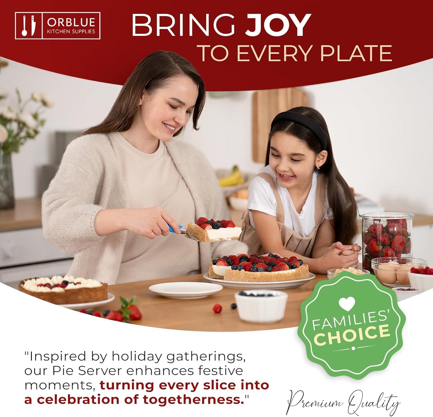 Orblue Pie Server - Serrated Stainless Steel Cake Cutter for Left or Right-Handed Chefs | Blue