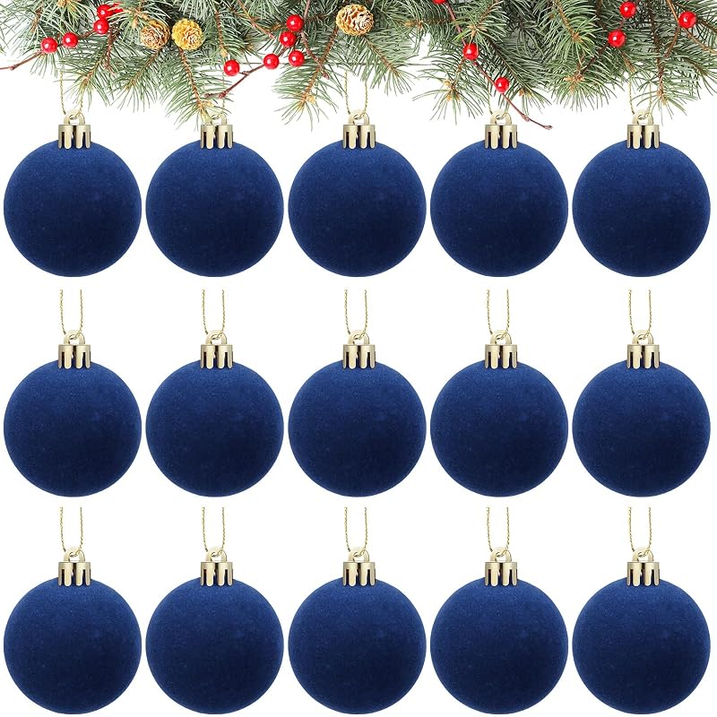Menkxi 15 Pcs Blue Velvet Christmas Ornaments Ball 1.97'' - With Gold Buckle & Ribbon (Variation: Blue+15+Flocking Ball)