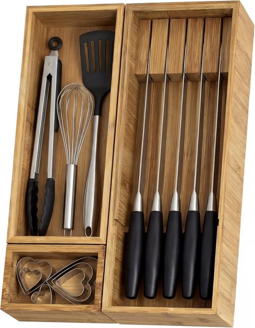 KOCWELL Bamboo Silverware Drawer Organizer - Multi-Use with Knife Block & 3 Removable Bins