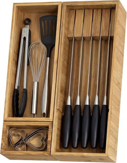KOCWELL Bamboo Silverware Drawer Organizer - Multi-Use with Knife Block & 3 Removable Bins