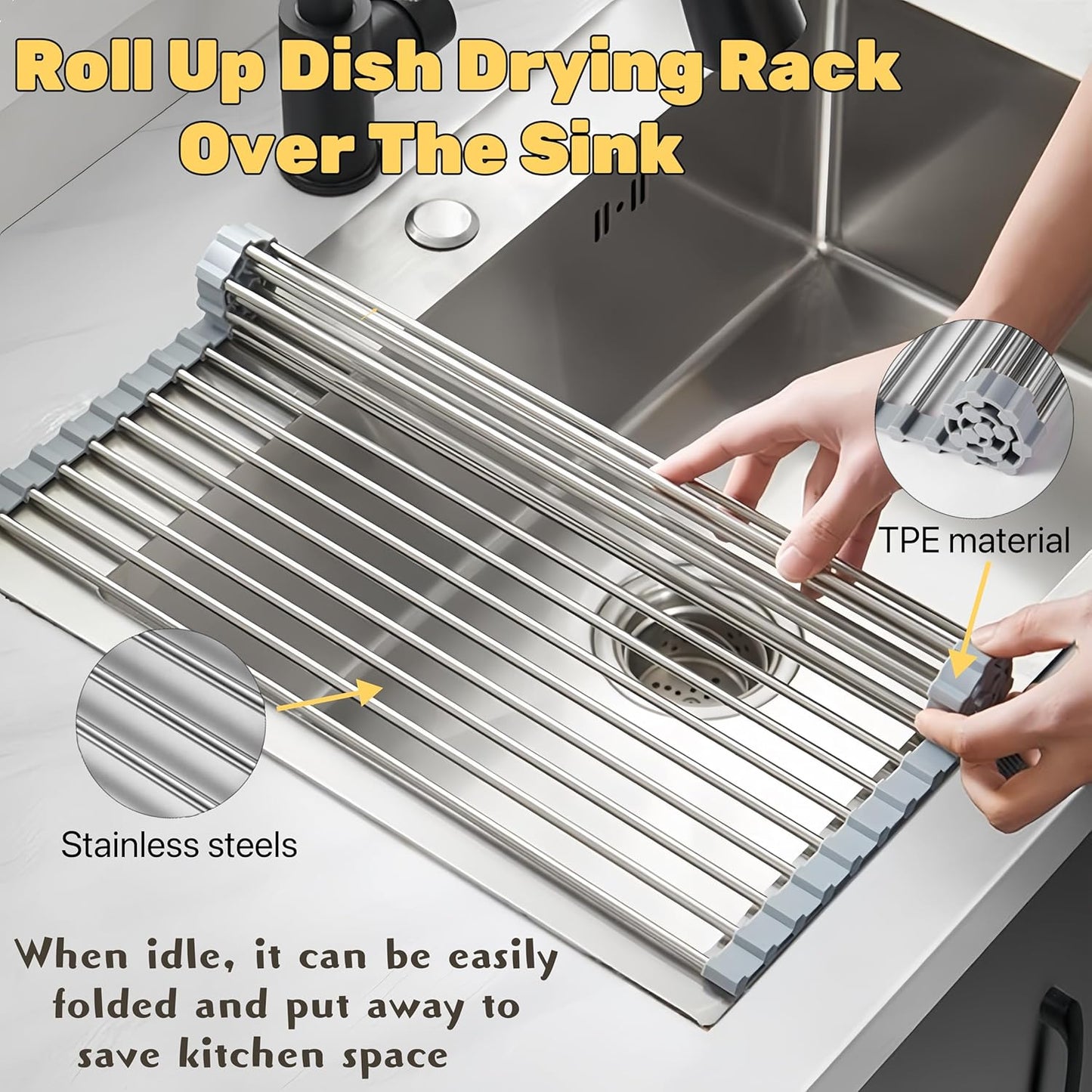Roll Up Dish Drying Rack - Stainless Steel Foldable Kitchen Rack | 17.7" x 11.8" Grey Design