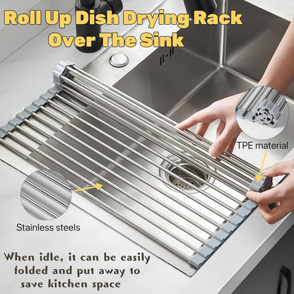 Roll Up Dish Drying Rack - Stainless Steel Foldable Kitchen Rack | 17.7" x 11.8" Grey Design