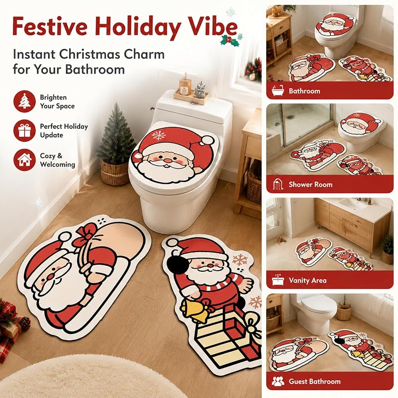 Dfl YE 3 Piece Novelty Christmas Bathroom Rug Set - Non-Slip Absorbent Bath Mats (Variation D)
