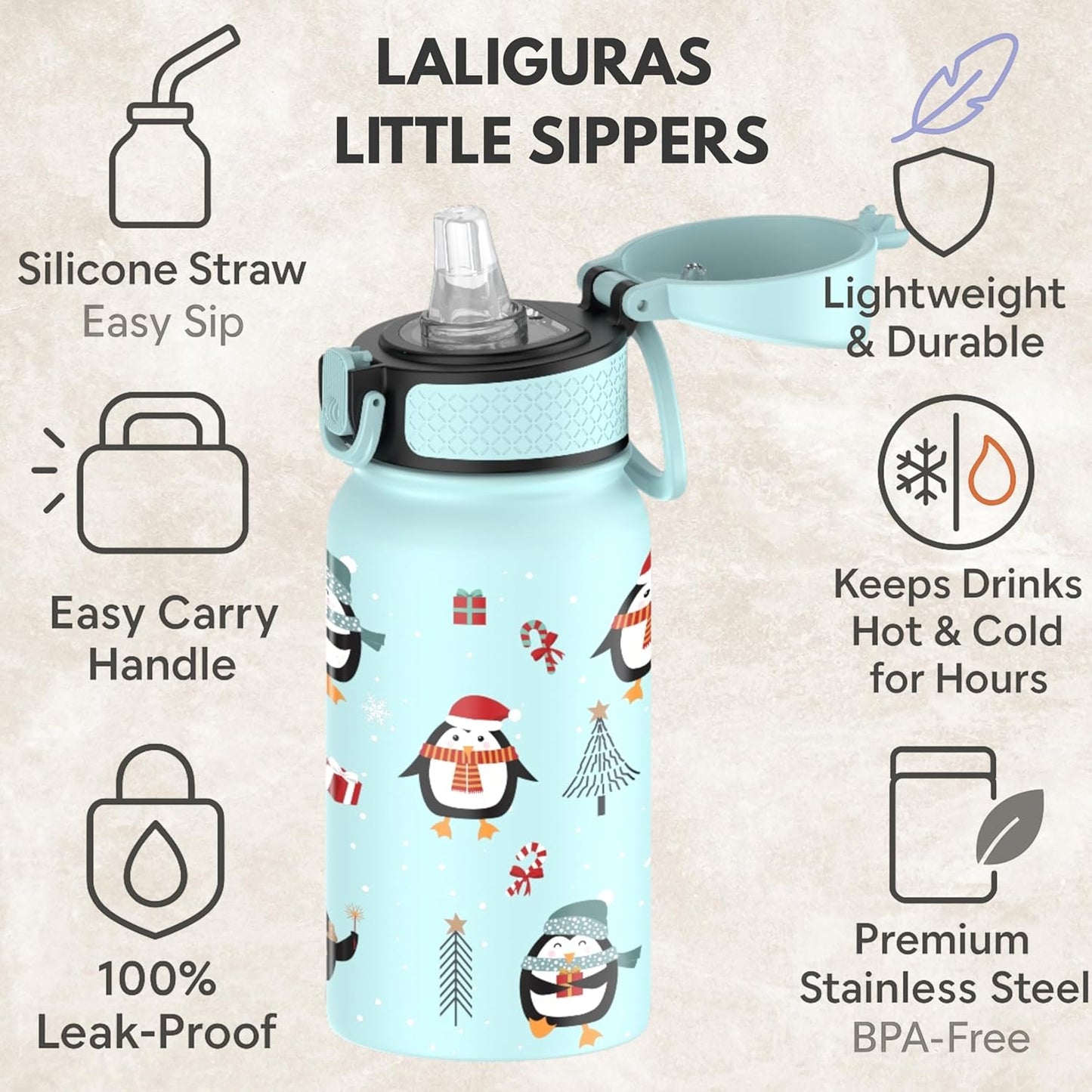 Skiennix Kids Stainless Steel Water Bottle - 12 oz Insulated Thermos with Straw Lid | Leakproof & BPA-Free (Light Blue Arctic Pals)