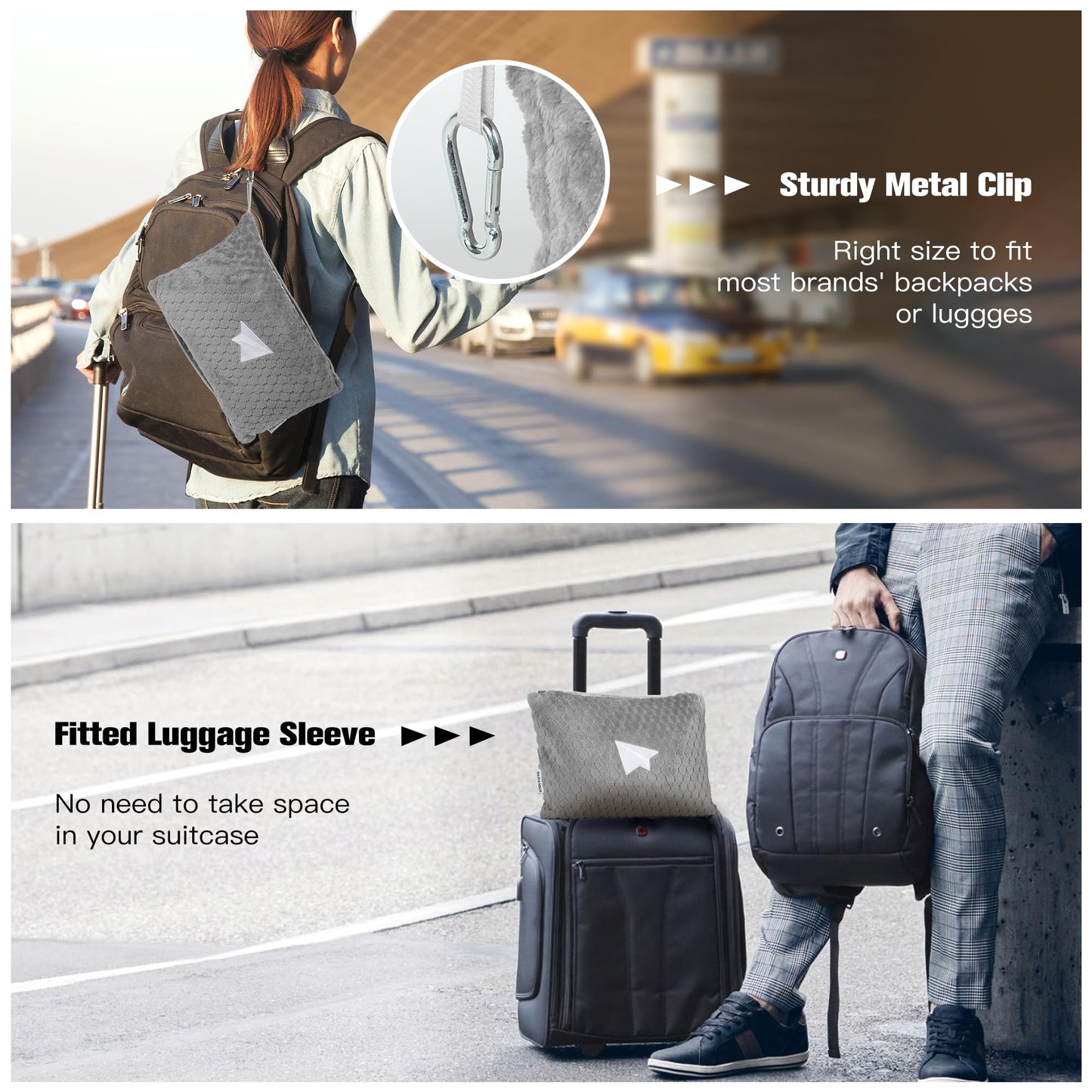 Plush & Plaid 2-Pack Travel Blanket Airplane Compact with Bag, Mid-Weight Soft Throw Blanket Pillow for Long/Short Flight, Portable Packable with Luggage Sleeve and Backpack Clip, 40x65, Gray