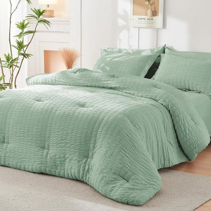 HYMOKEGE Sage Green California King Comforter Set Seersucker 7 Pieces, All Season Luxury Bed in a Bag for Bedroom, Bedding Set with Comforters, Sheets, Pillowcases & Shams