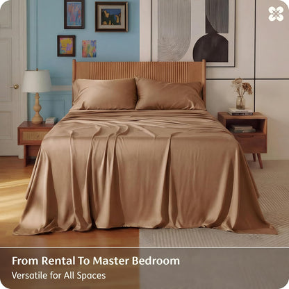 Bedsure Queen Sheet Set - Cooling Bamboo Rayon Sheets | Breathable & Soft, Deep Pocket Up to 16 Inches, Khaki