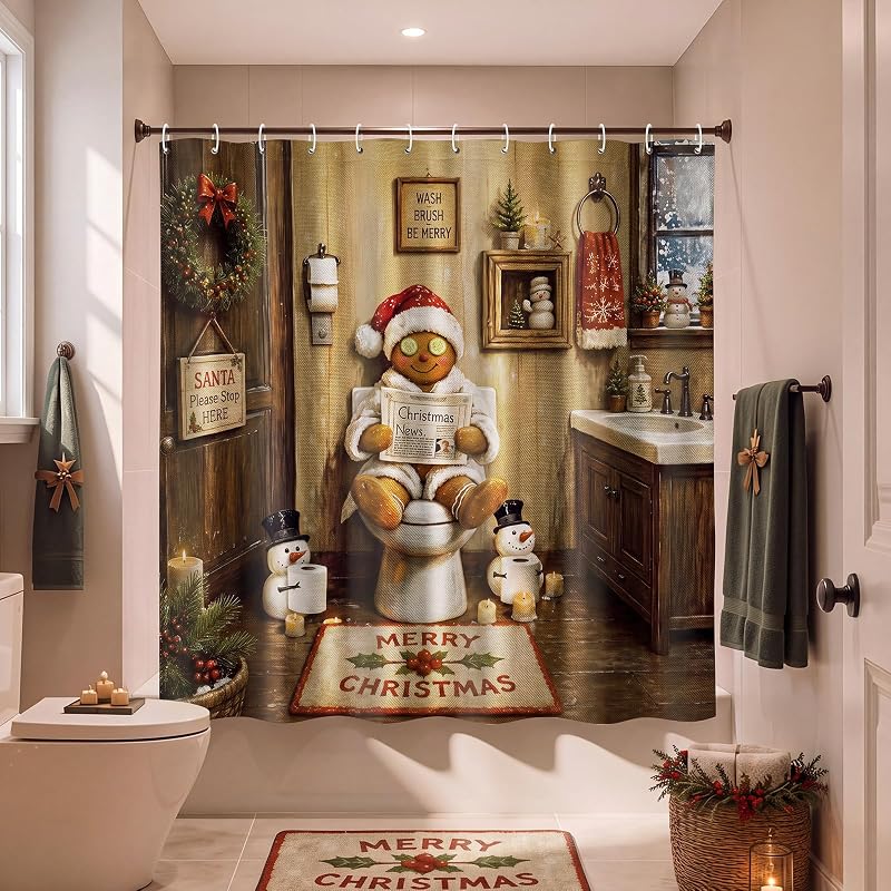 Irenare Toilet Relax Gingerbread Shower Curtain Set with 12 Hooks - 72 x 72 Inches