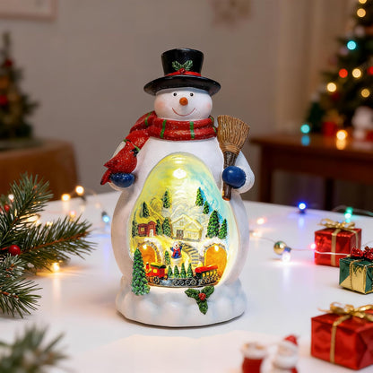Snowman Figurine - Lighted Christmas Village with Animated Train | Battery & USB Powered Holiday Decor