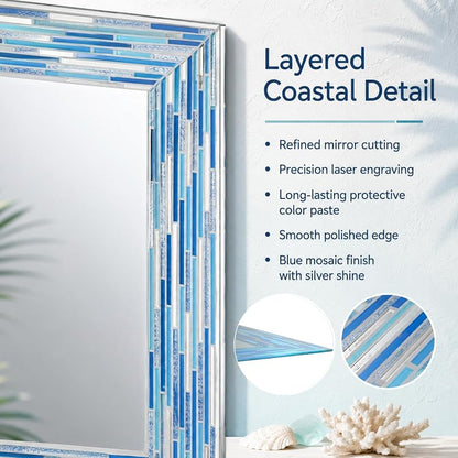 Head West Blues2 24 x 30 Frameless Mosaic Vanity Mirror - Reeded Tile-Print Rectangle Wall Mirror
