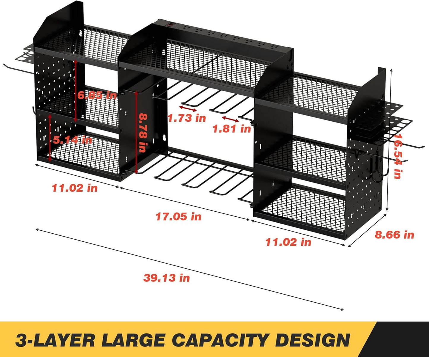 Power Tool Organizer - Heavy-Duty Wall Mount Storage Rack with Charging Station & 8 Outlet Power Strip | 51 Inch, 3 Tier, 8 Bin Shelves