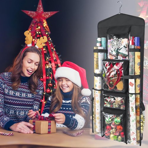 Gift Wrap Organizer by [Brand Name] - Double-Sided Hanging Storage with Multiple Pockets & Elastic Straps | Space-Saving Black Design