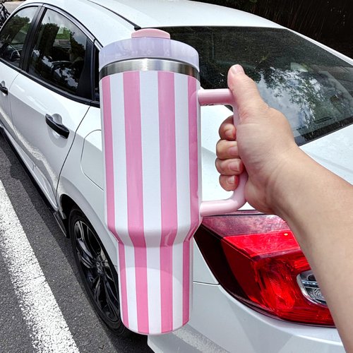 40 oz Traveler - Stripe Water Bottle with Handle & Flip Straw - Fits in Cup Holder, Leak Resistant Tumbler-Reusable Insulated Stainless Steel & Rubber Base - Gifts for Women & Men（Pink&White）