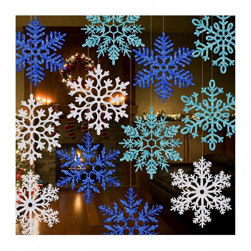 24 Pack 12" Glitter Hanging Snowflakes - Multicolor (Variation: White, Blue, Dark Blue)