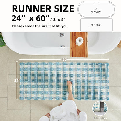 TYUU Waffle Runner Rug Bathroom, Long Boho Bathroom Rugs Non Slip Washable Absorbent Checkered Bathroom Mat Quick Dry Cute Bath Mat, 60"x24" Blue and White