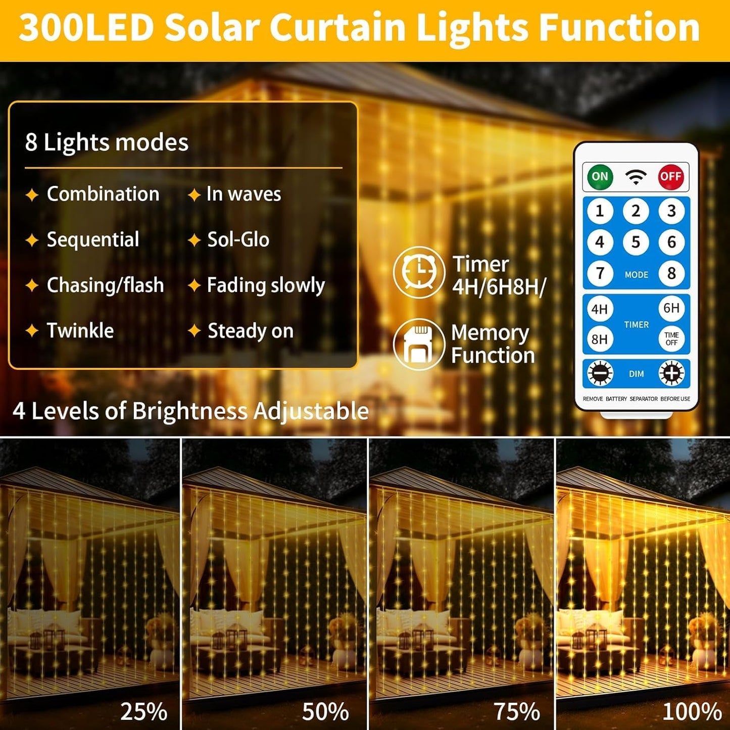Skiennix Solar Curtain Lights - Waterproof 300 LED Twinkle Fairy String Lights | 10x10 Ft with Remote & 8 Modes for Outdoor Parties & Weddings