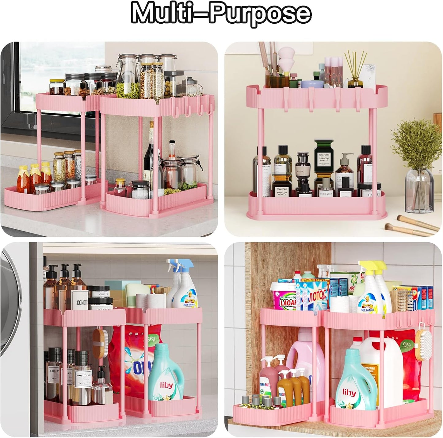 Ukeetap Multi-Purpose Pull-Out Storage Organizers - 12.8 Inch Under Sink & Cabinet - Pink (2 Pack)