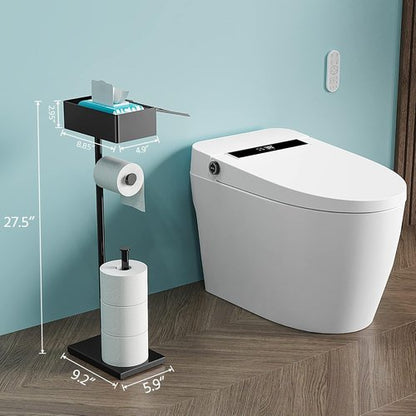 CISILY Black Toilet Paper Holder Stand - Free Standing Design with Storage Shelf | Bathroom Essential