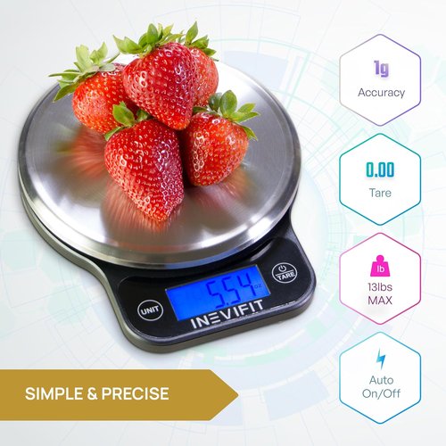 INEVIFIT Digital Kitchen Scale - Accurate Multifunction Food Scale Up to 13 lbs | Sleek Black with Stainless Steel Finish