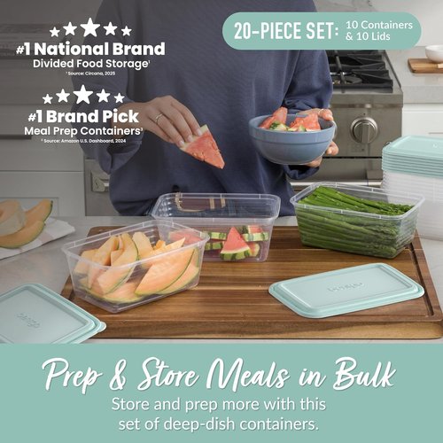 Bentgo Prep - Extra-Large 8-Cup Deep-Dish Storage Containers | 20-Piece Set, Reusable & BPA-Free, Aqua Splash
