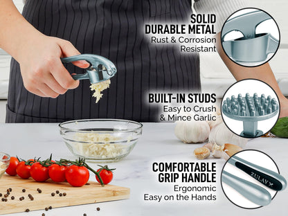 Zulay Kitchen Premium Garlic Press Set - Rust Proof & Dishwasher Safe Professional Garlic Mincer Tool - Easy-Squeeze, Easy-Clean with Soft, Ergonomic Handle - Silicone Garlic Peeler & Brush (Slate)