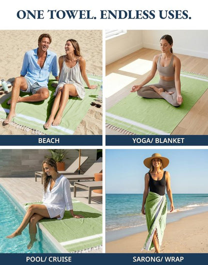 LANE LINEN Turkish Beach Towel 2 Pack, Oversized Beach Towel 39"x71", Lightweight Beach Essentials for Women, Large Pool Towel, Absorbent & Quick Dry, Sand Free Beach Towel - Jade Lime