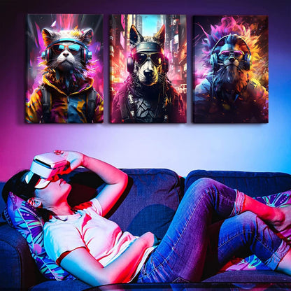 QGNBGBJ Framed Gaming Posters - Colorful Graffiti Animal Wall Art for Gamers | 12x16in Canvas Prints