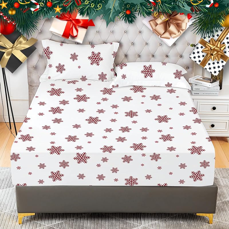 Snowflake Full Fitted Sheet Set with Pillowcases - 16" Deep Pocket, Double Brushed Microfiber