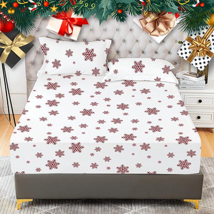 Snowflake Full Fitted Sheet Set with Pillowcases - 16" Deep Pocket, Double Brushed Microfiber
