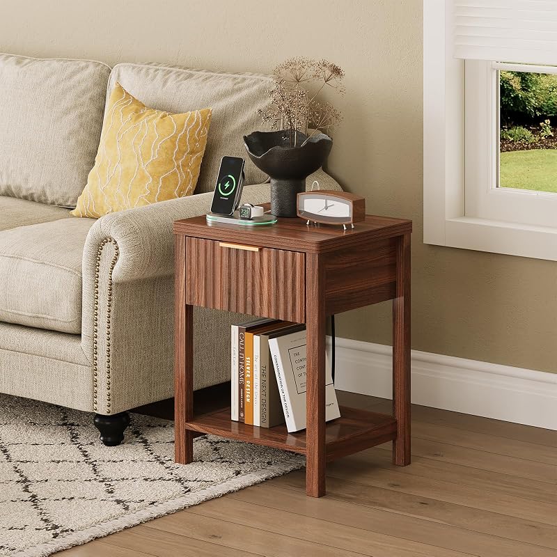 Walnut Fluted Nightstand Set 2 with Storage Drawer, 2 USB & 2 AC Outlets
