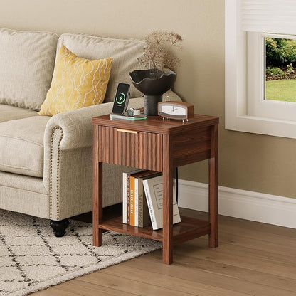 Walnut Fluted Nightstand Set 2 with Storage Drawer, 2 USB & 2 AC Outlets