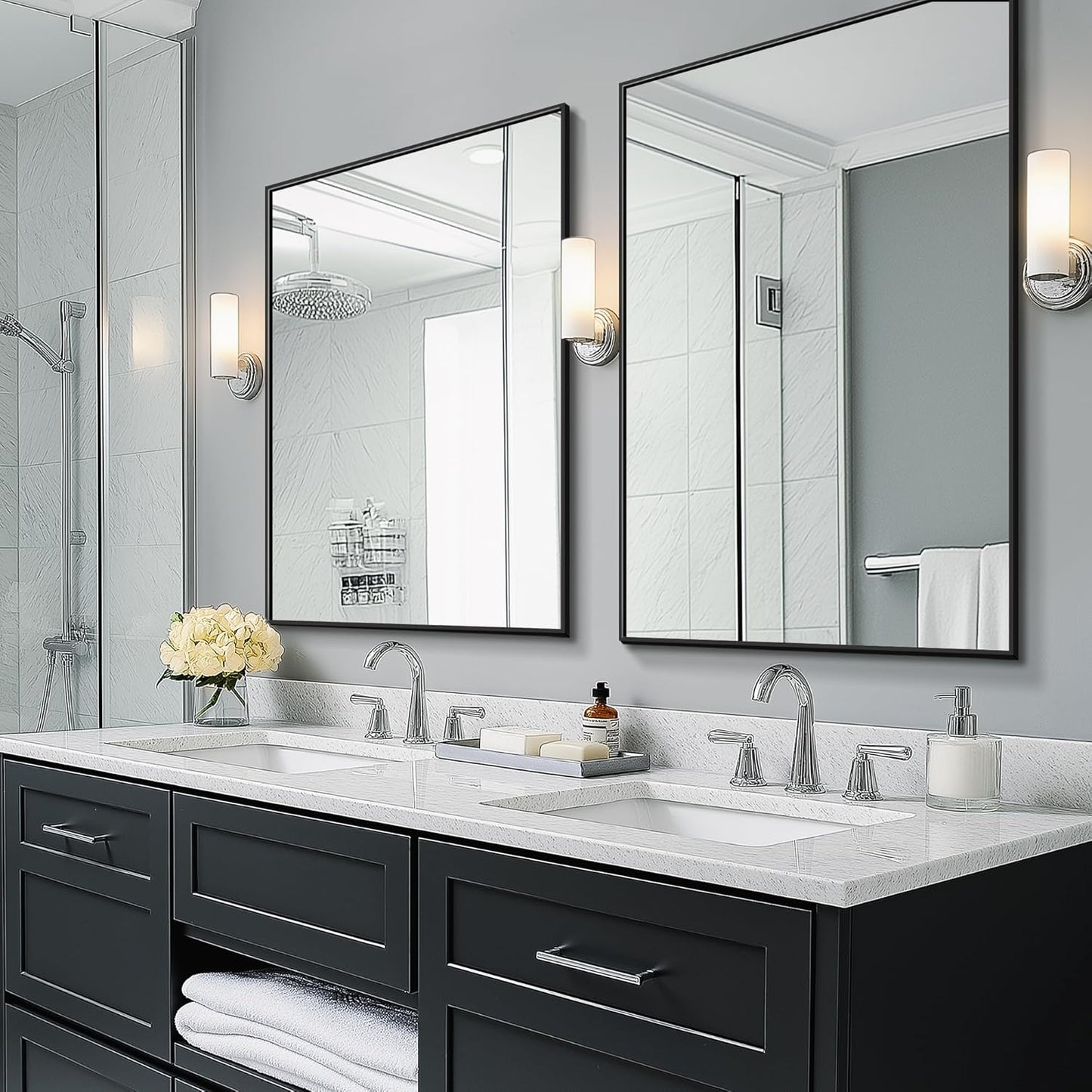 TRAHOME Bathroom Vanity Mirror - 36" x 24" Metal Framed Rectangular Design | HD Shatterproof Glass, Black