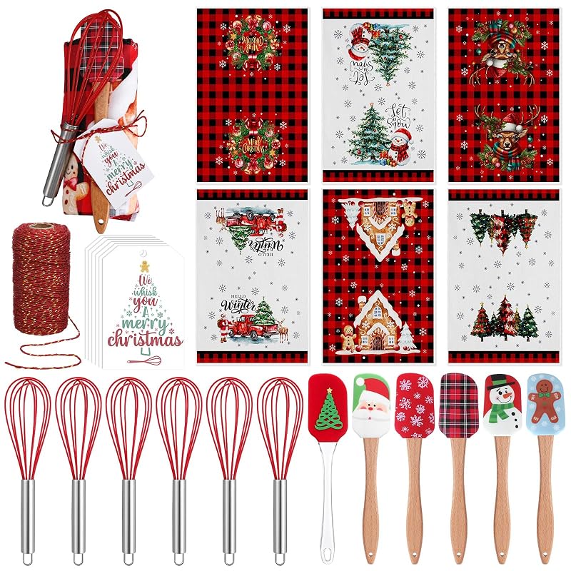 6 Set Christmas Kitchen Tools Gift Set with Buffalo Plaid - Whisks, Spatulas, Towels & Cards (Variation: 6+Buffalo Plaid)