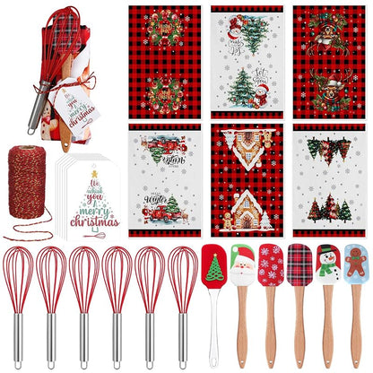 6 Set Christmas Kitchen Tools Gift Set with Buffalo Plaid - Whisks, Spatulas, Towels & Cards (Variation: 6+Buffalo Plaid)