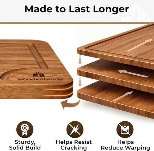 Bamboo Wood Cutting Board Set by Skiennix - Sturdy & Easy to Clean | 3 Sizes with Juice Grooves for Kitchen Use
