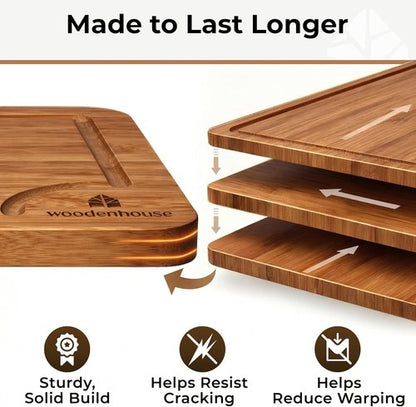 Bamboo Wood Cutting Board Set by Skiennix - Sturdy & Easy to Clean | 3 Sizes with Juice Grooves for Kitchen Use