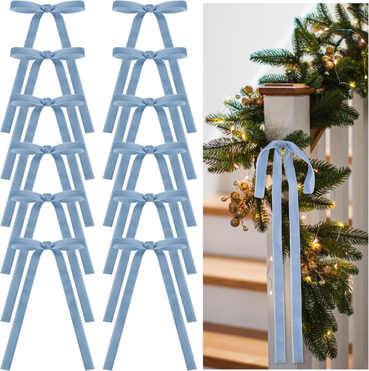 Skiennix Velvet Bows - Vintage Ribbon Decorations for Christmas Tree & Crafts | 24 Pcs, Dusty Blue (9 x 13 Inch)